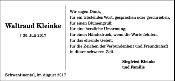 Traueranzeige von Waltraud Kleinke von Kieler Nachrichten / Segeberger Zeitung