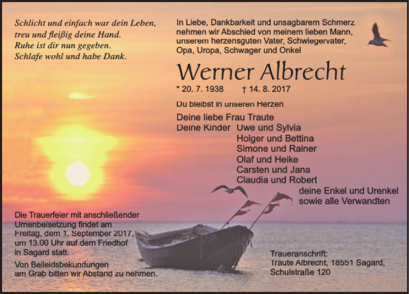  Traueranzeige für Werner Albrecht vom 19.08.2017 aus Ostsee-Zeitung