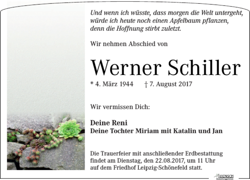  Traueranzeige für Werner Schiller vom 12.08.2017 aus Leipziger Volkszeitung