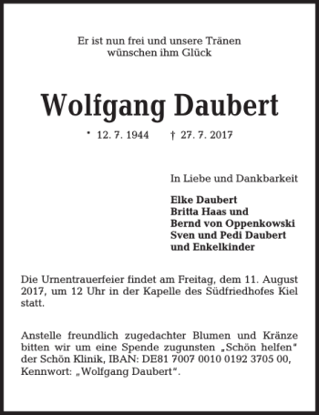 Traueranzeige von Wolfgang Daubert von Kieler Nachrichten / Segeberger Zeitung