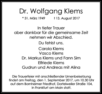 Traueranzeige von Wolfgang Klems von Göttinger Tageblatt