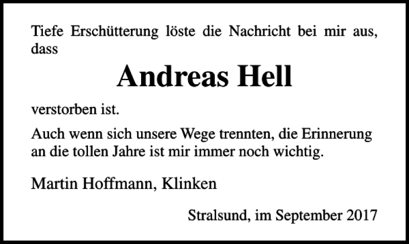  Traueranzeige für Andreas Hell vom 09.09.2017 aus Ostsee-Zeitung