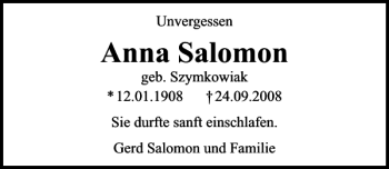 Traueranzeige von Anna Salomon von HAZ/NP