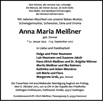 Traueranzeige von Anna Maria Meißner von HAZ/NP