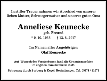 Traueranzeige von Anneliese Tr Keunecke von Peiner Allgemeine Zeitung