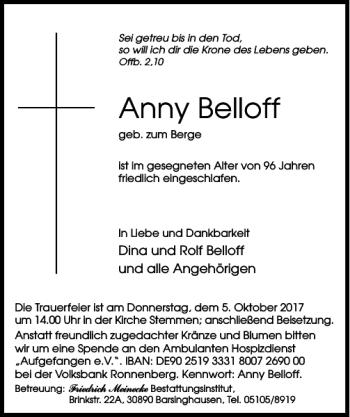 Traueranzeige von Anny Belloff von HAZ/NP