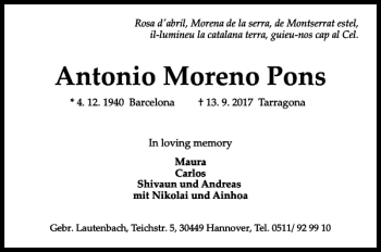 Traueranzeige von Antonio Moreno Pons von HAZ/NP