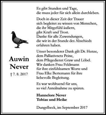Traueranzeige von August Never von Peiner Allgemeine Zeitung