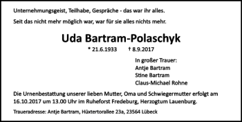 Traueranzeige von Bartram Polaschyk von HAZ/NP