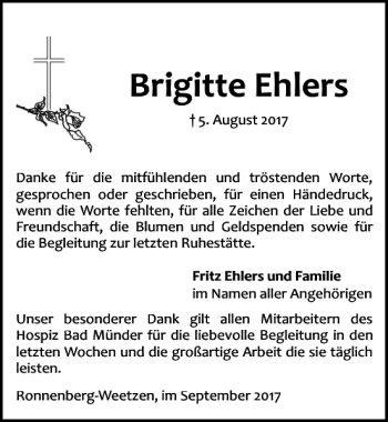 Traueranzeige von Brigitte Ehlers von HAZ/NP