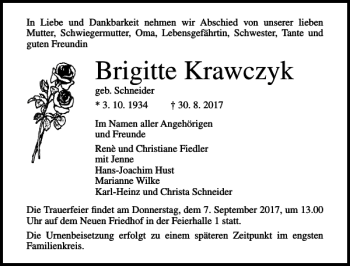 Traueranzeige von Brigitte Krawczyk von Ostsee-Zeitung