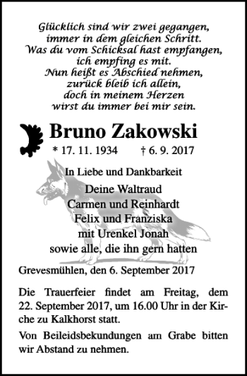 Traueranzeige von Bruno Zakowski von Ostsee-Zeitung