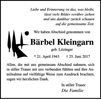 Traueranzeige von Bärbel Kleingarn von Lübecker Nachrichten