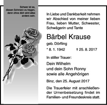 Traueranzeige von Bärbel Krause von Ostsee-Zeitung