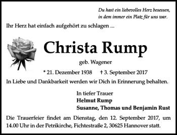 Traueranzeige von Christa Rump von HAZ/NP