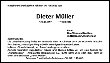 Traueranzeige von Dieter Müller von HAZ/NP