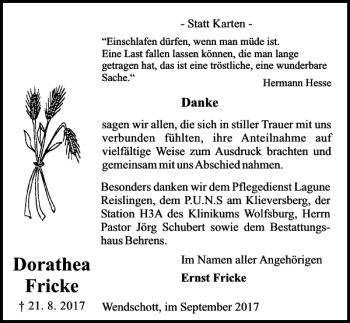 Traueranzeige von Dorathea Fricke von Aller Zeitung / Wolfsburger Allgemeine