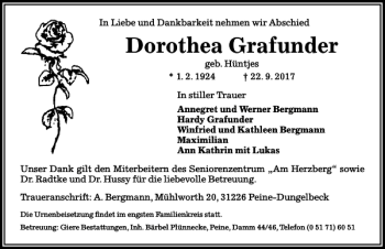 Traueranzeige von Dorothea Grafunder von Peiner Allgemeine Zeitung