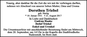 Traueranzeige von Dorothea Triebel von HAZ/NP