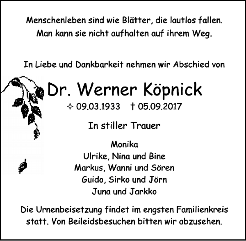  Traueranzeige für Dr. Werner Köpnick vom 09.09.2017 aus Ostsee-Zeitung