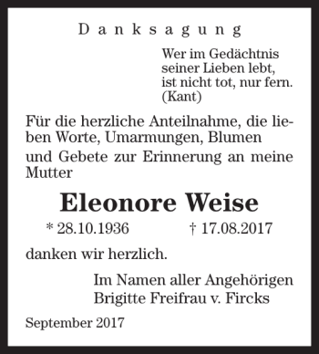 Traueranzeige von Eleonore Weise von HAZ/NP