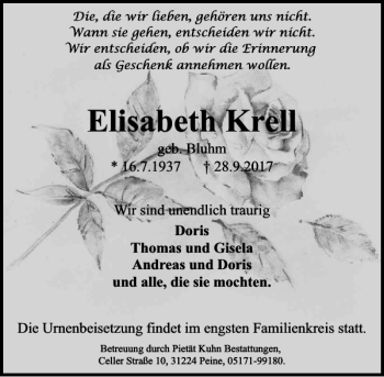 Traueranzeige von Elisabeth Krell von Peiner Allgemeine Zeitung