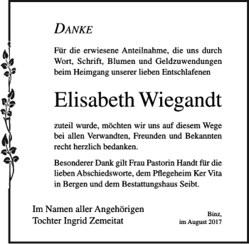 Traueranzeige von Elisabeth Wiegandt von Ostsee-Zeitung