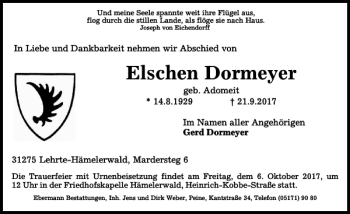 Traueranzeige von Else.pdf Dormeyer von Peiner Allgemeine Zeitung