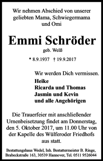 Traueranzeige von Emmi Schröder von HAZ/NP