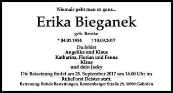 Traueranzeige von Erika Bieganek von HAZ/NP