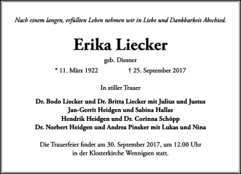 Traueranzeige von Erika Lieker von HAZ/NP