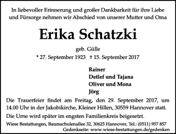 Traueranzeige von Erika Schatzki von HAZ/NP