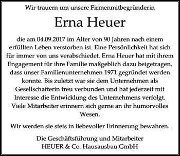 Traueranzeige von Erna Heuer von HAZ/NP