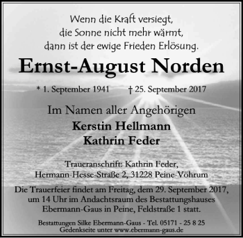 Traueranzeige von Ernst-August Norden von HAZ/NP