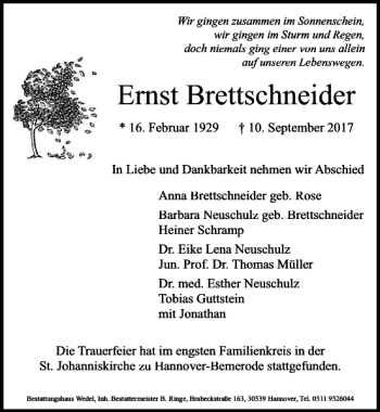 Traueranzeige von Ernst brettschneider von HAZ/NP