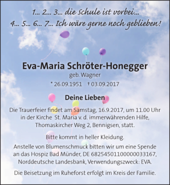 Traueranzeige von Eva-Maria Schröter-Honegger von HAZ/NP