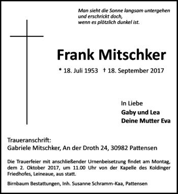 Traueranzeige von Frank Mitschker von HAZ/NP