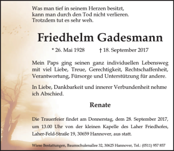 Traueranzeige von Friedhelm Gadesmann von HAZ/NP