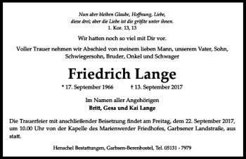 Traueranzeige von Friedrich Lange von HAZ/NP