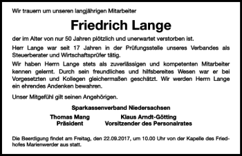 Traueranzeige von Friedrich Lange von HAZ/NP