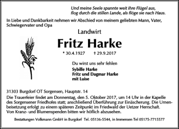 Traueranzeige von Fritz Harke von HAZ/NP