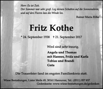 Traueranzeige von Fritz Kothe von HAZ/NP