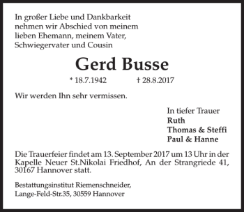 Traueranzeige von Gerd Busse von HAZ/NP