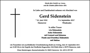 Traueranzeige von Gerd Sidenstein von HAZ/NP