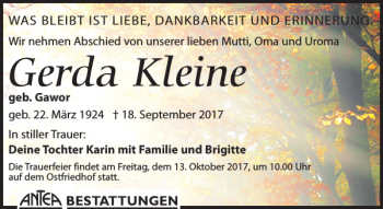 Traueranzeige von Gerda Kleine von Leipziger Volkszeitung