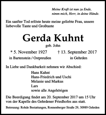 Traueranzeige von Gerda Kuhnt von HAZ/NP