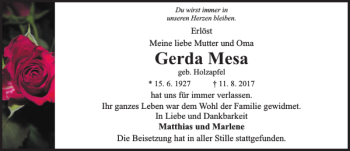 Traueranzeige von Gerda Mesa von HAZ/NP