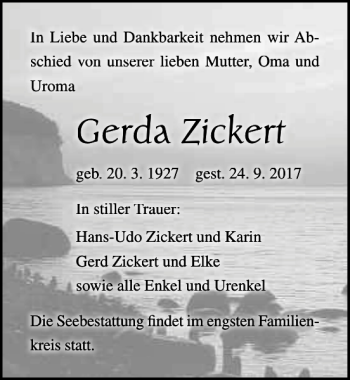 Traueranzeige von Gerda Zickert von Ostsee-Zeitung