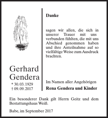 Traueranzeige von Gerhard Gendera von MAZ-Trauer.de
