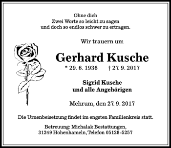 Traueranzeige von Gerhard Kusche von Peiner Allgemeine Zeitung